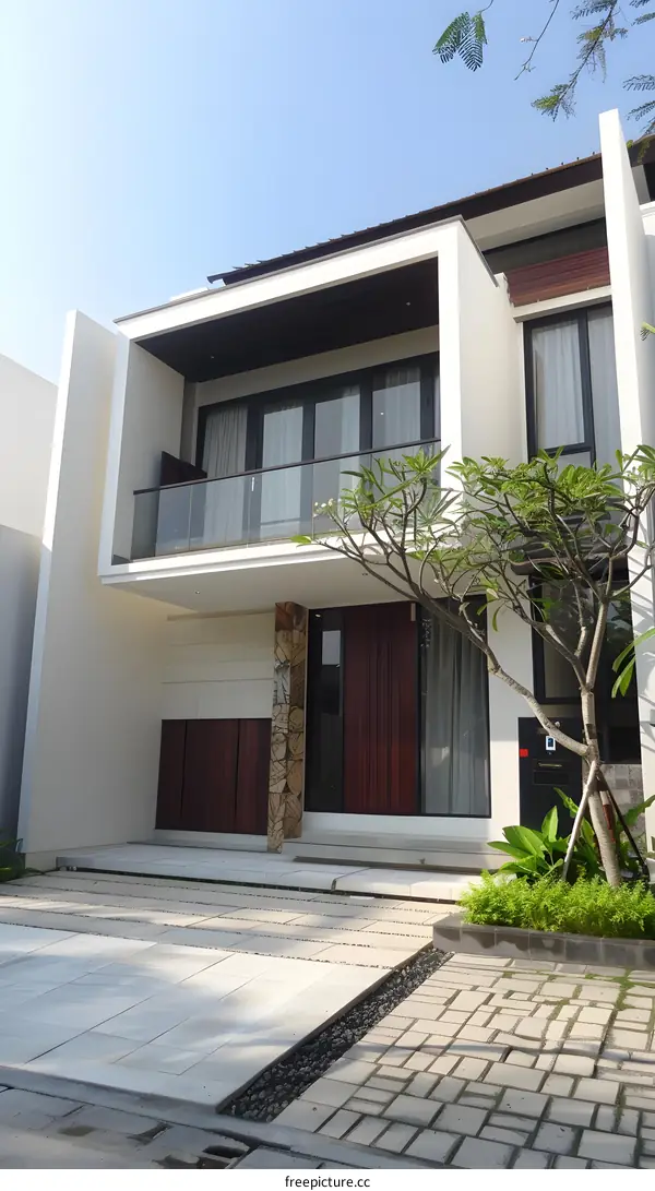 Modern White House with Balcony and Garden