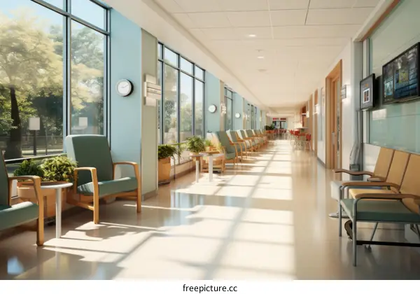 Modern Hospital Hallway with Large Windows and Green Patient Chairs