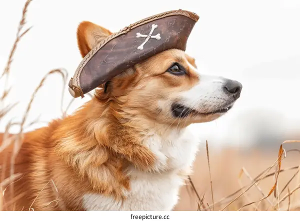 A cute dog wearing a pirate hat