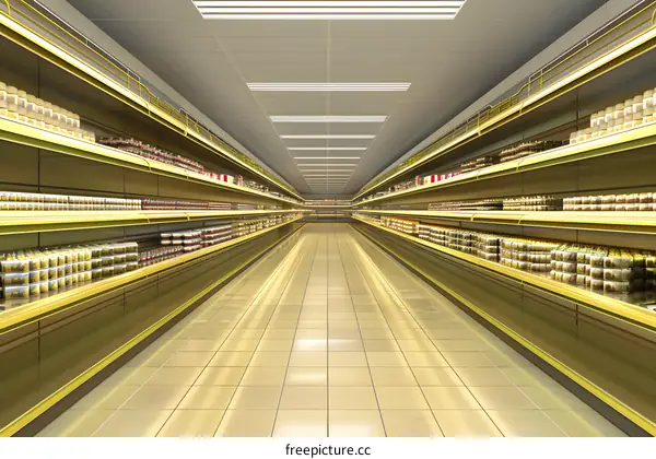 Empty Supermarket Aisle With Shelves Of Canned Goods