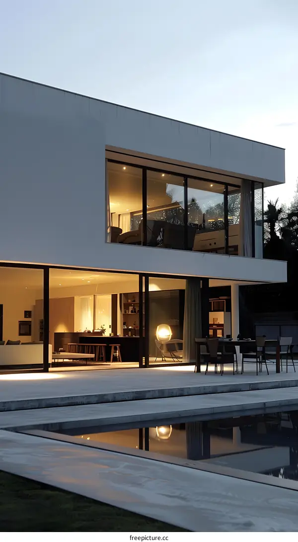 Modern House With Swimming Pool At Dusk