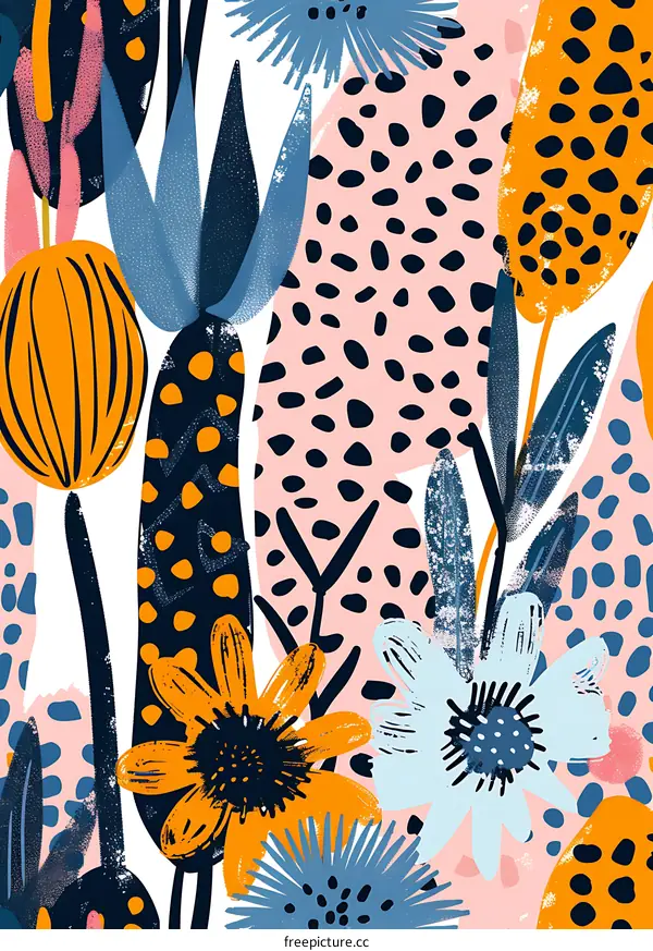 Abstract Floral Pattern With Blue, Orange, and Pink Flowers