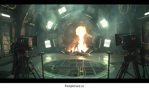 Futuristic Sci-Fi Interior with Explosion and Smoke
