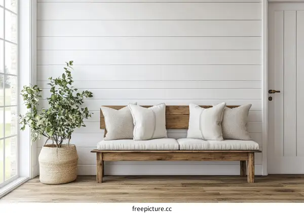 Rustic Wooden Bench in a White Plank Wall Interior