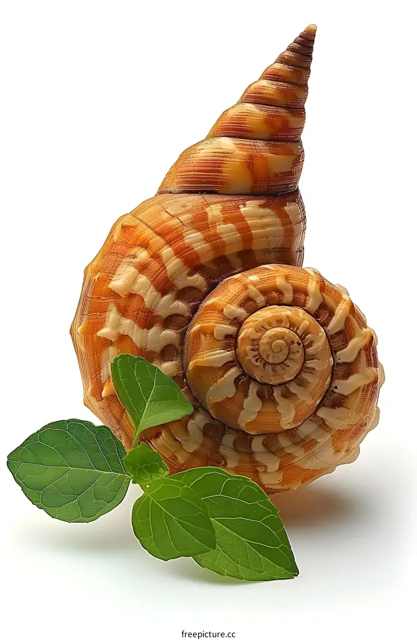 Close-up image of a seashell with green leaves