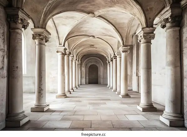 Arched Hallway with Stone Columns and Beige Walls