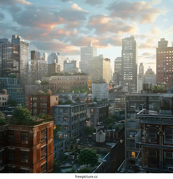 A cityscape of tall buildings with a blue sky and clouds in the background