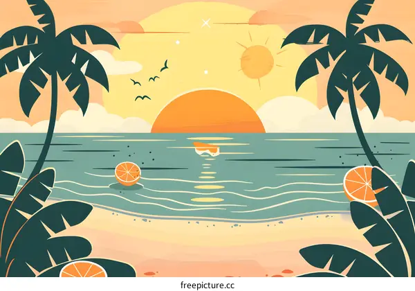Sunset Ocean Beach Illustration Palm Trees Sea Orange