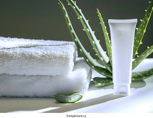 Aloe Vera and White Towels, Natural Skincare Products