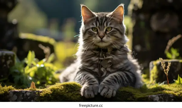 Gray Cat Resting on Forest Moss