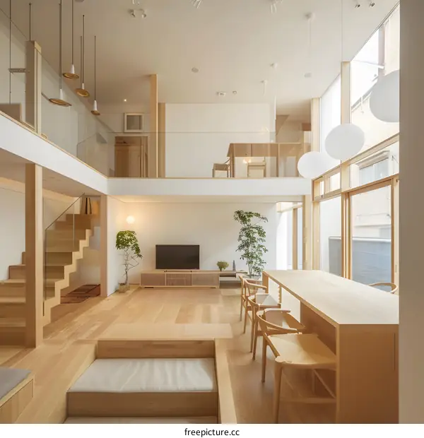 Modern Minimalist Japanese Home Interior Design With Wooden Flooring and Open Staircase