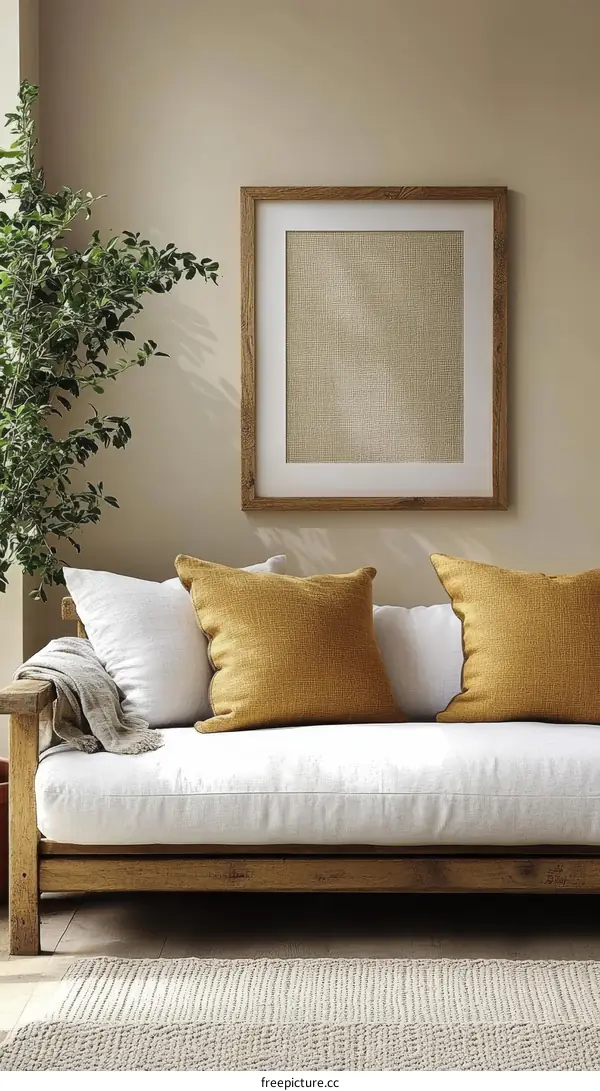 Modern Wooden Sofa with Mustard Yellow Pillows
