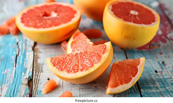 Fresh Grapefruit Slices On Rustic Wooden Table