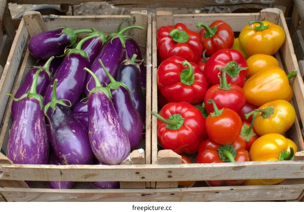Purple eggplants and red and yellow bell peppers in wooden crates at a farmers market