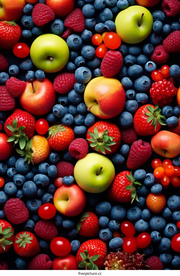 A variety of fruits including strawberries, blueberries, apples, and raspberries