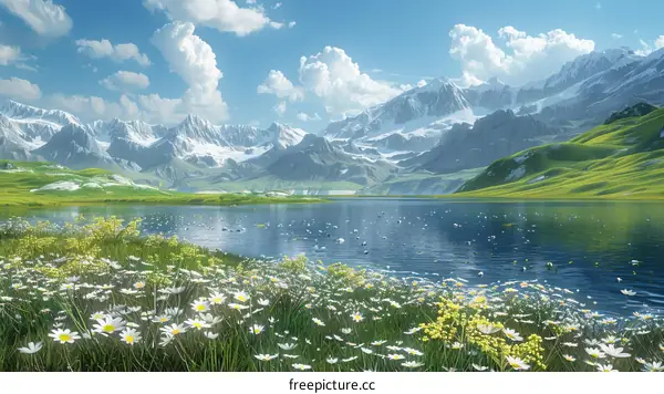Tranquil Mountain Lake and Blooming Wildflowers