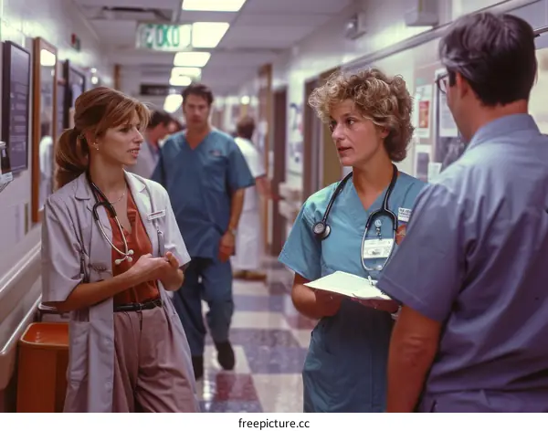 Three people in a hospital hallway
