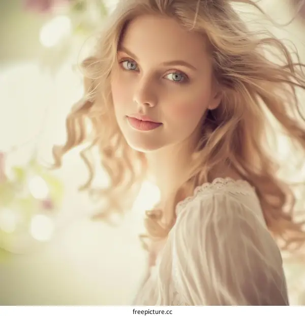 Portrait of a beautiful young woman with long blond hair and blue eyes