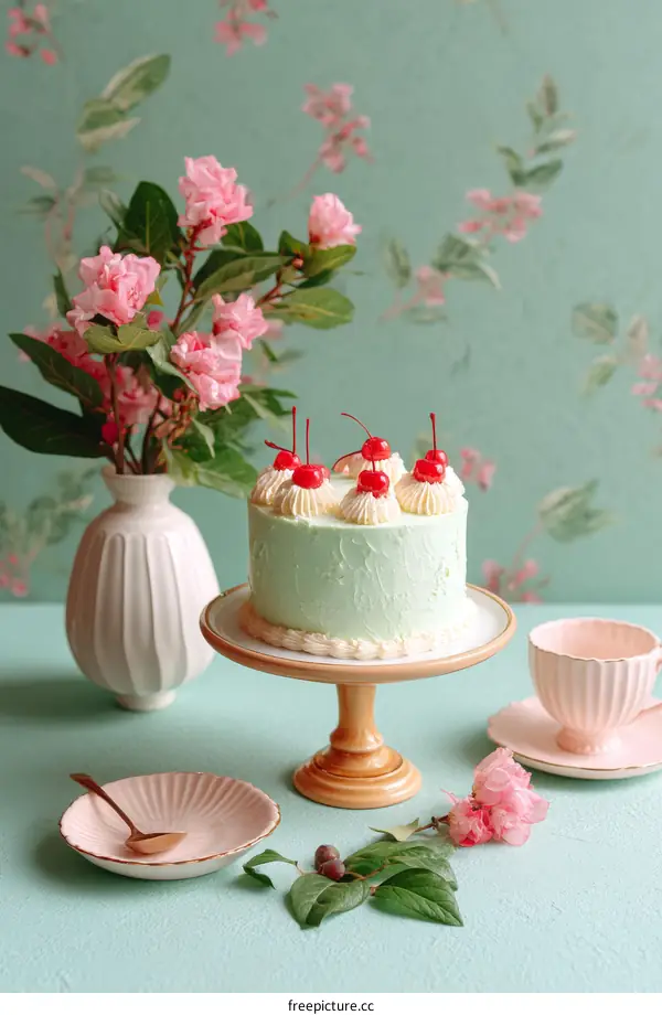 Delicate Mint Green Cake with Cherries on a Wooden Stand