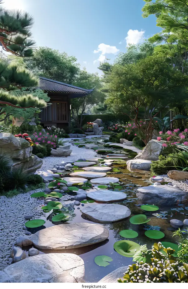 Tranquil Japanese Garden with Bridge and Stream