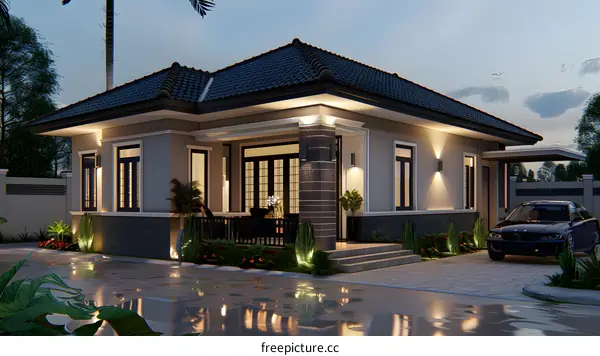 Modern House with Black Roof and Palm Trees