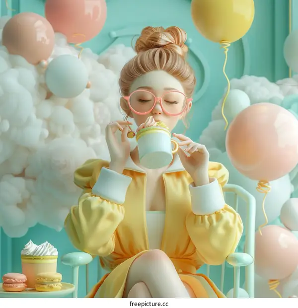 3D illustration of a beautiful woman drinking from a teacup