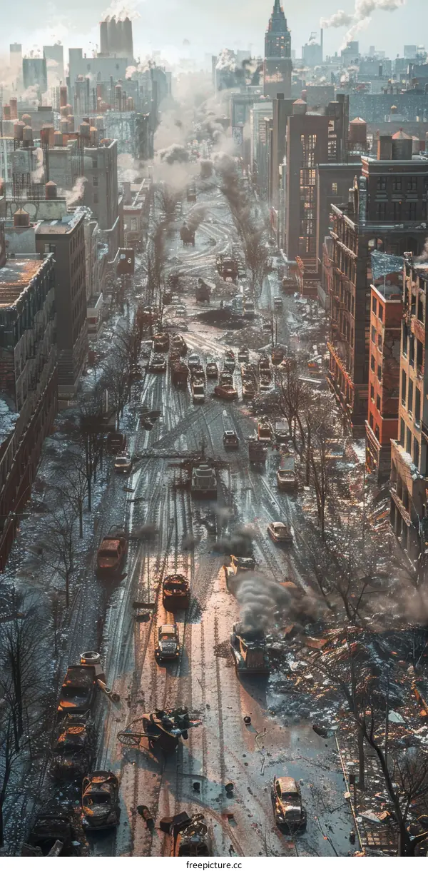 Post-apocalyptic city street with abandoned cars and debris