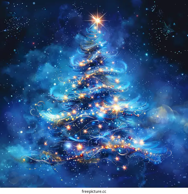 Mesmerizing Blue Christmas Tree Embellished with Lights and Snowflakes