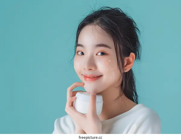 Smiling Asian Woman Holding Cream Jar Against Blue Background