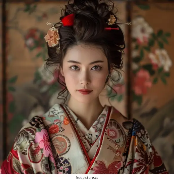 Portrait of a beautiful Asian woman in traditional Japanese kimono