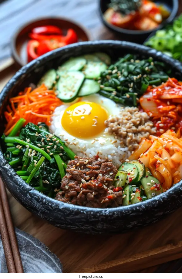 Korean Bibimbap in Traditional Bowl with Vegetables, Beef and Egg