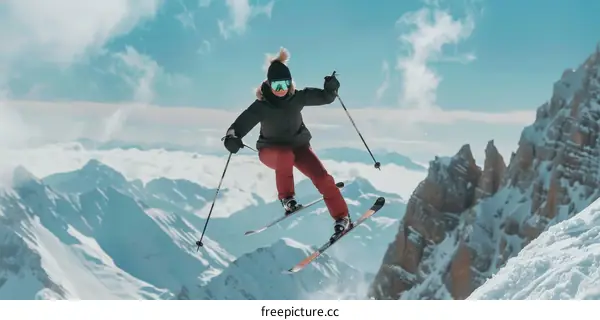 Skier jumping off a mountain peak