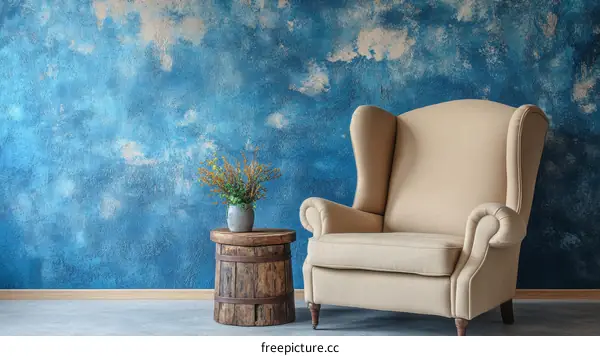Vintage Cream Wingback Chair in a Room with a Textured Blue Wall