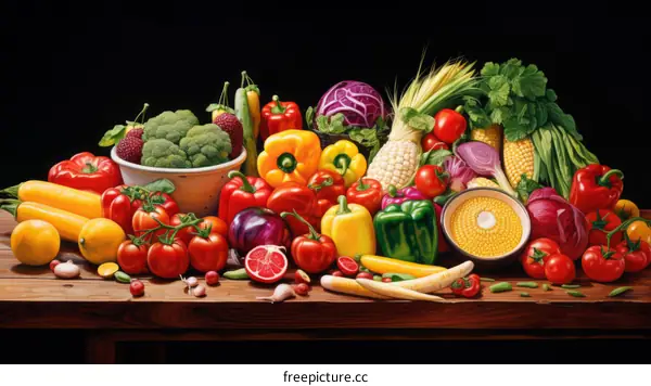 A colorful still life painting of vegetables and fruits