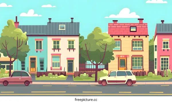 Cartoon Illustration of a Suburban Street with Houses and Cars
