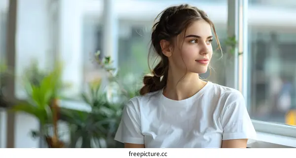 Portrait of a beautiful young woman looking out the window