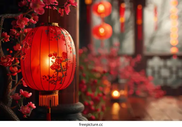 Red Paper Lantern with Pink Sakura Blossoms