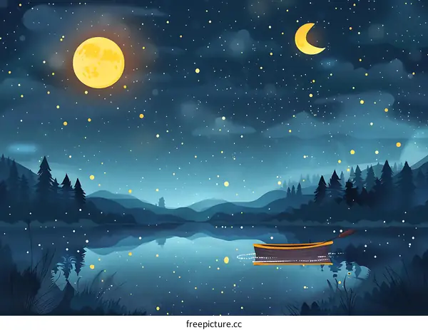 Night Sky Lake Landscape with Stars and Moon