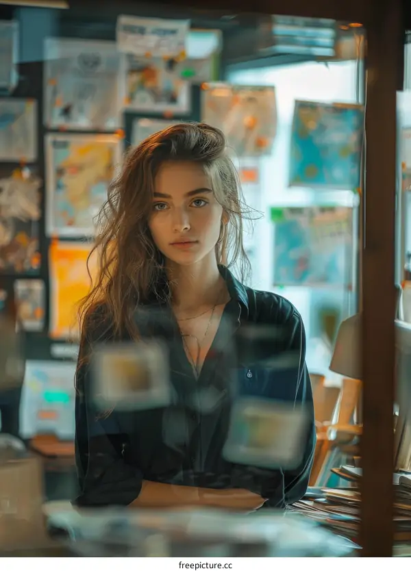 Woman Looking Through Glass Partition in Office Space