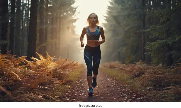 Woman Running Through Forest Path at Sunrise
