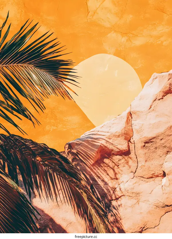 Palm Leaf Shadow On Rock With Yellow Background