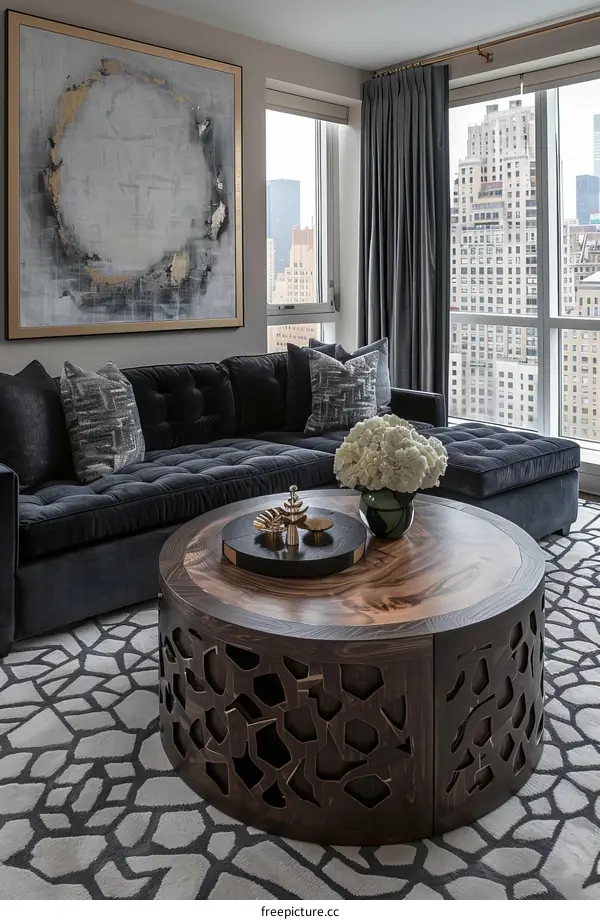 Dark Blue Velvet Sofa in Elegant Living Room Decor