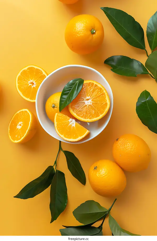 Fresh Oranges With Leaves on Yellow Background