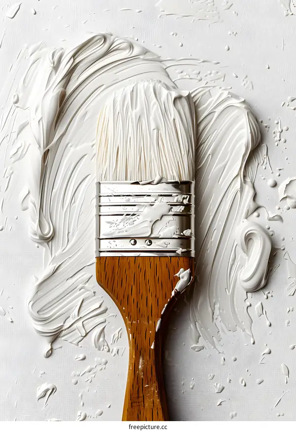 White oil paint and paintbrush on white textured background