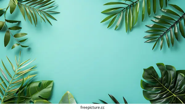 Tropical Leaves on Turquoise Background