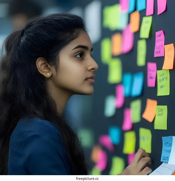 Young Indian Woman Brainstorming With Sticky Notes On A Wall