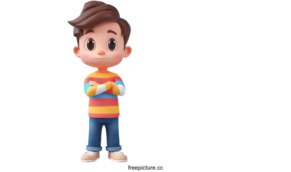 [Transparent Background PNG]A 3D rendering of a young boy with brown hair and blue eyes, wearing a striped shirt and jeans, standing with his arms crossed.