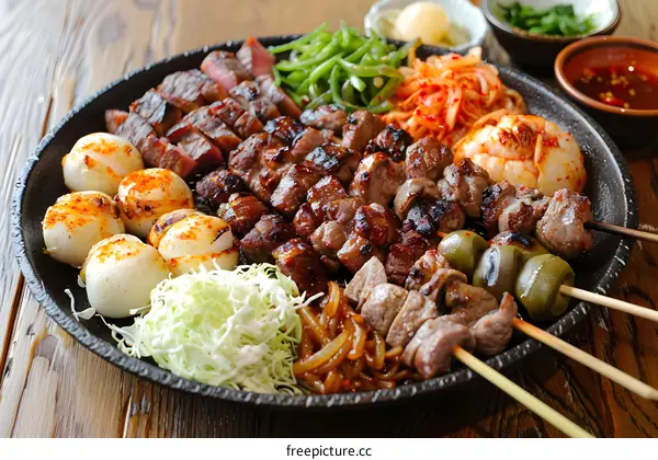 A variety of grilled meats and vegetables on a plate