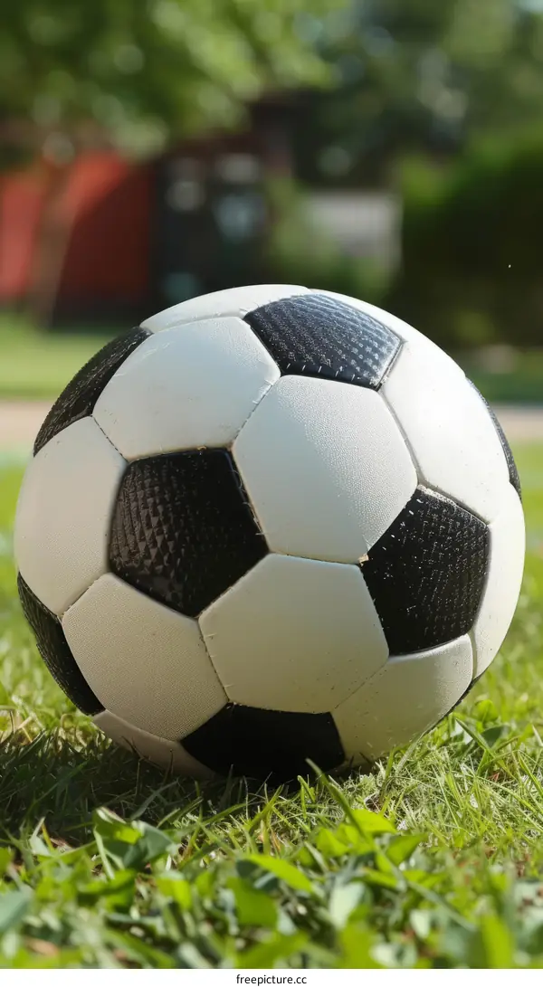 A black and white soccer ball laying in the grass