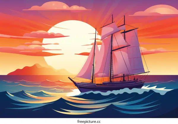 A ship is sailing on the sea under the setting sun.